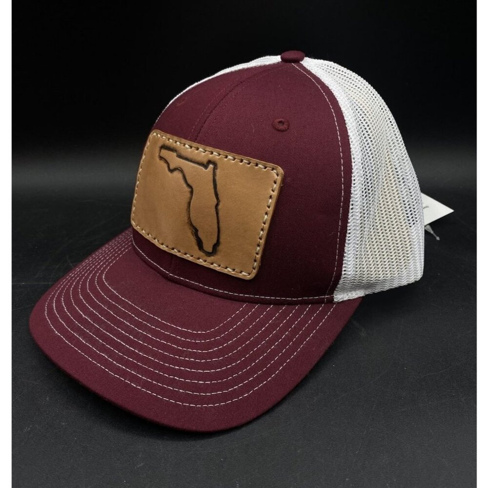 Richardson 112 Florida Leather Patch Trucker Hat Maroon White Mesh Cap NEW